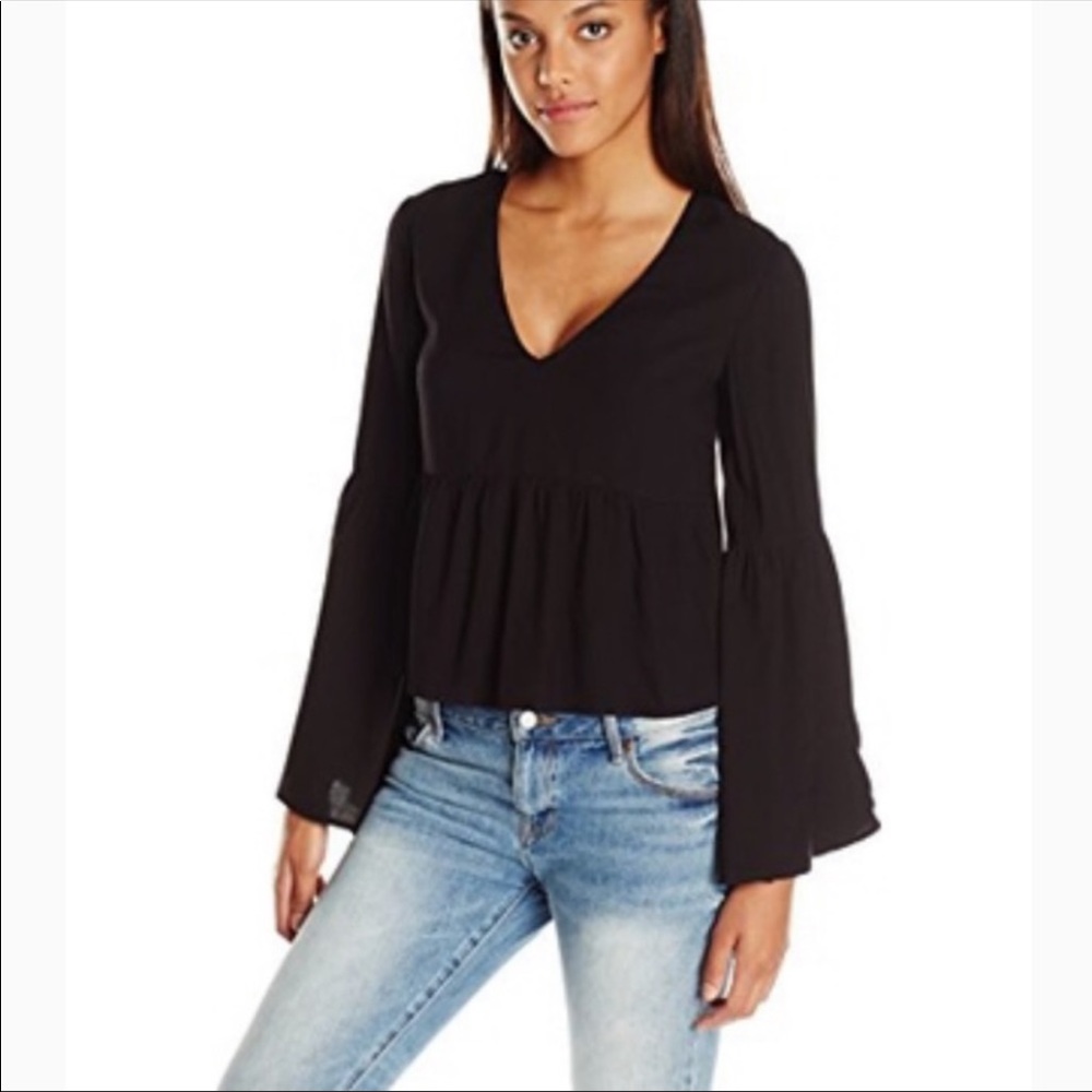 MinkPink Black Bell Long Sleeve Vneck Peplum Top Size Small